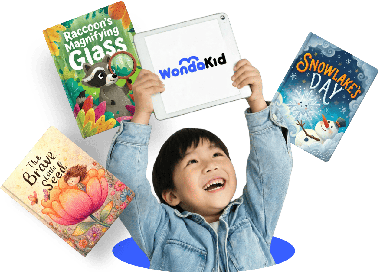 A smiling child holding books in WondaKid